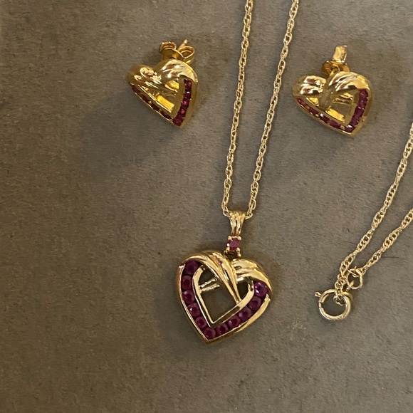 Classic Gold Over Sterling Ruby Heart jewelry set - Picture 5 of 11